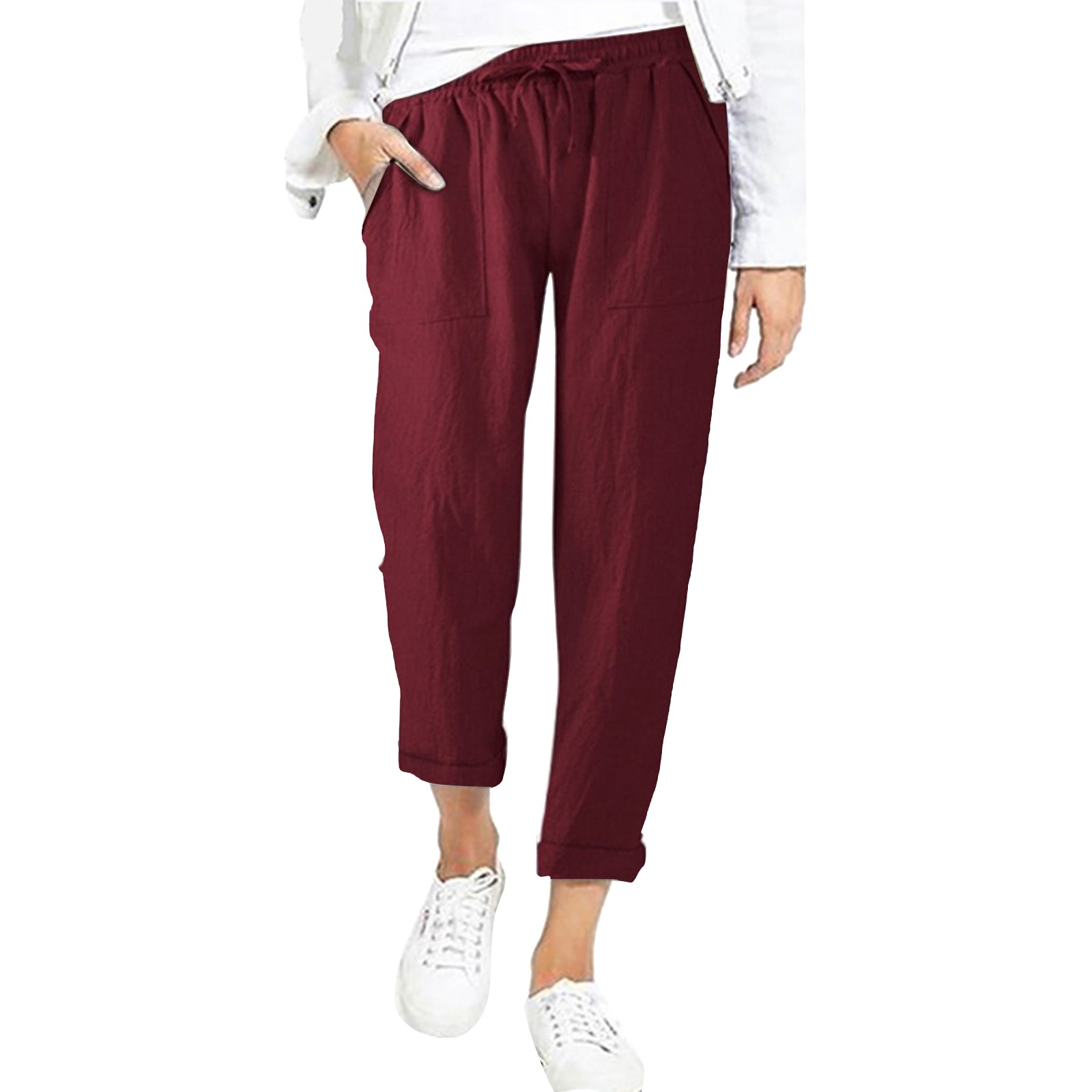 thumbnail image 1 of Pantalones acampanados de encaje de cintura alta para mujer - Poliéster liso, bolsillos, informal/lounge, S-XXL, todas las estaciones, 1 of 3